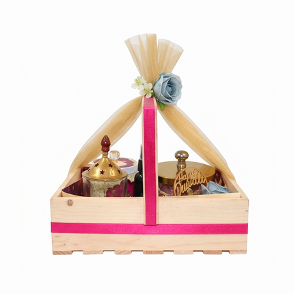 Wooden Tray Diwali Hamper with Glass Jar, Air Mist & Festive Décor