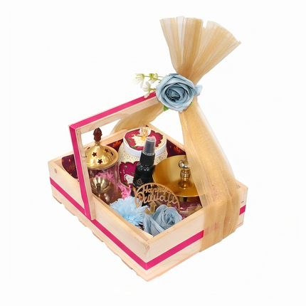 Wooden Tray Diwali Hamper with Glass Jar, Air Mist & Festive Décor