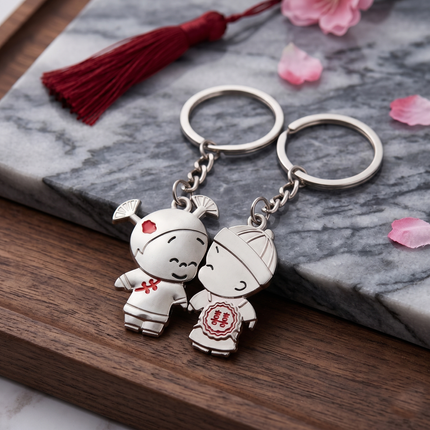Cute Couple Doll Metal Keychain Set | Matching Boy & Girl Love Keyrings for Couples