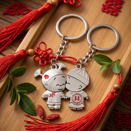 Cute Couple Doll Metal Keychain Set | Matching Boy & Girl Love Keyrings for Couples