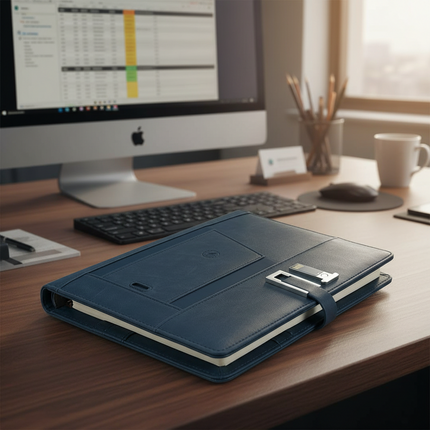 Smart Leather Organizer Notebook with Power Bank, USB Drive & Wireless Charging
