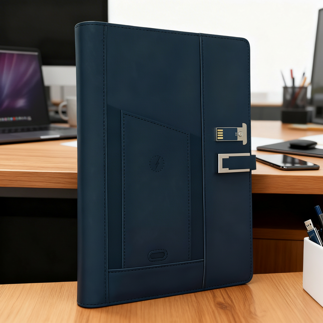 Smart Leather Organizer Notebook with Power Bank, USB Drive & Wireless Charging