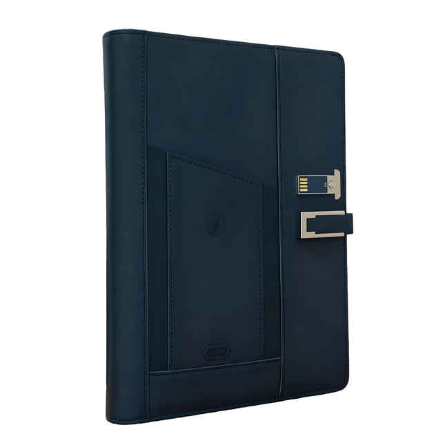 Smart Leather Organizer Notebook with Power Bank, USB Drive & Wireless Charging