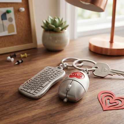 Couple Keyboard & Mouse Metal Keychain Set