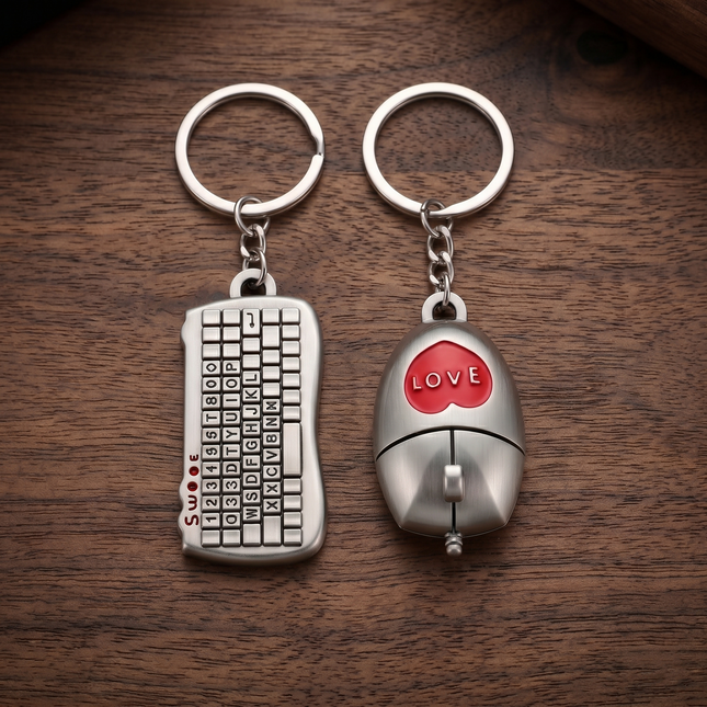 Couple Keyboard & Mouse Metal Keychain Set