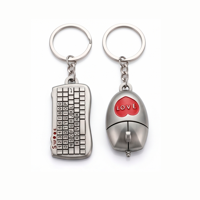 Couple Keyboard & Mouse Metal Keychain Set