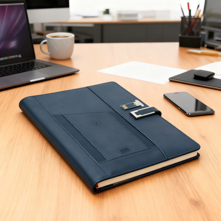Smart Leather Organizer Notebook with Power Bank, USB Drive & Wireless Charging