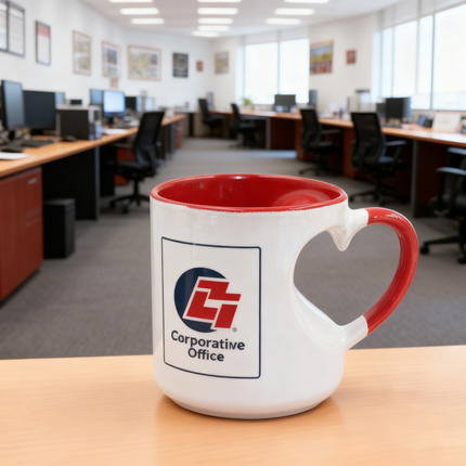 White & Red Ceramic Mug with Heart-Shaped Handle - Gift for Couples