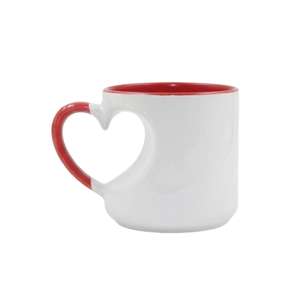 White & Red Ceramic Mug with Heart-Shaped Handle - Gift for Couples