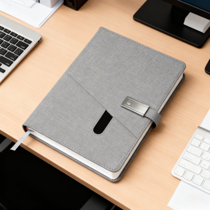 Grey Smart Power Bank Notebook with USB Drive & Charging Cables – Executive Gift
