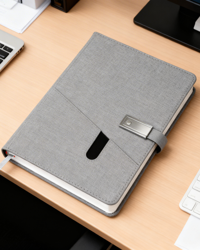 Grey Smart Power Bank Notebook with USB Drive & Charging Cables – Executive Gift